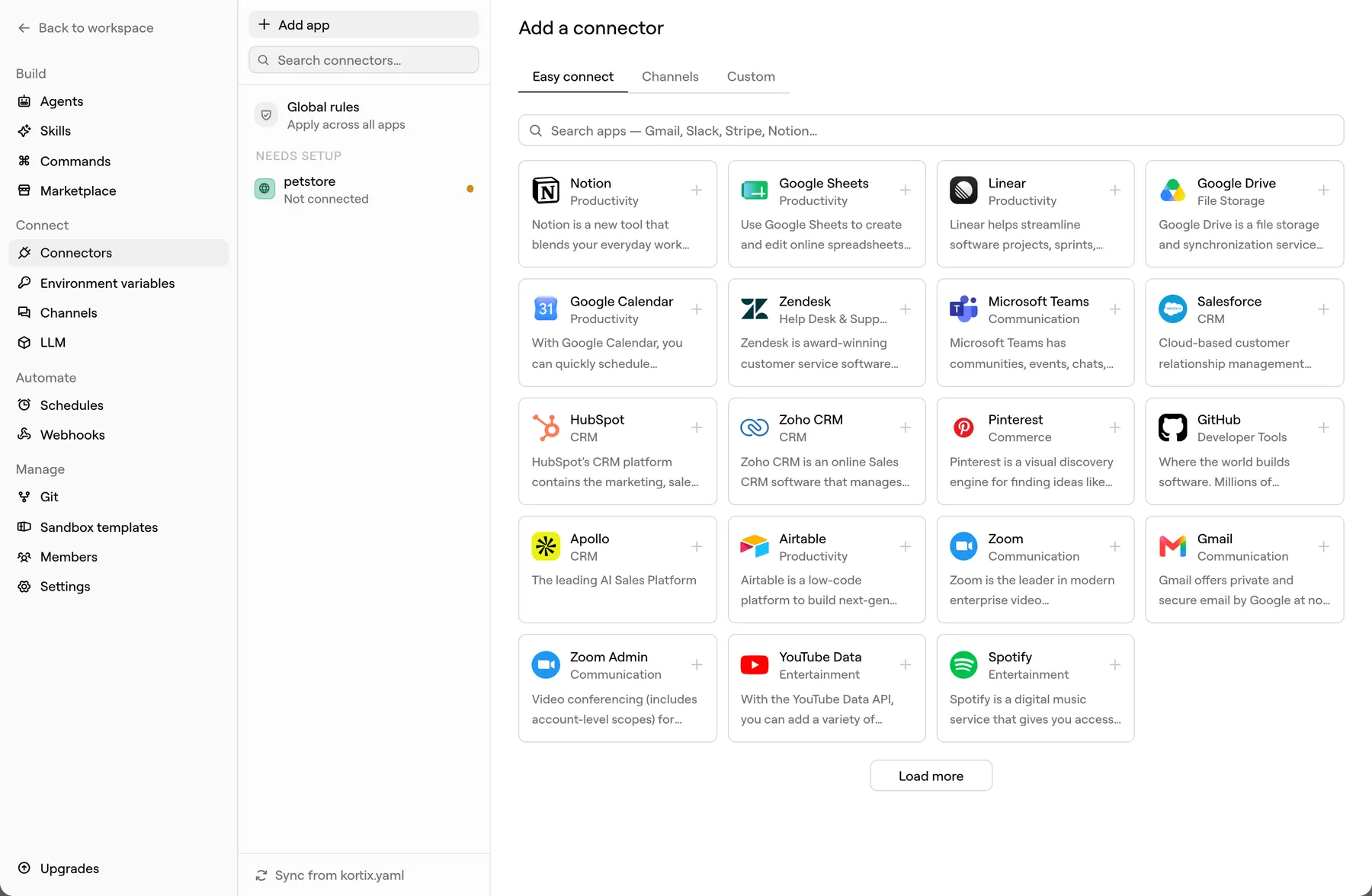 The Dosco connector catalogue, showing Notion, Google Sheets, Linear, Google Drive, Salesforce, HubSpot, GitHub, Gmail and more, each one click from connected.